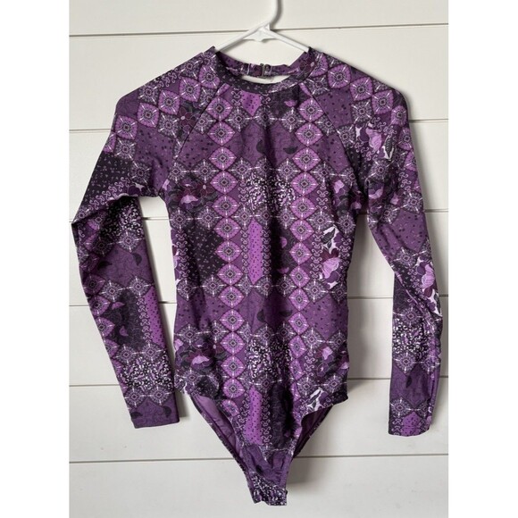 RUSTY LAVENDER FLORAL LONG SLEEVE OPEN BACK ONE PIECE SWIMSUIT SIZE SMALL - Picture 1 of 5